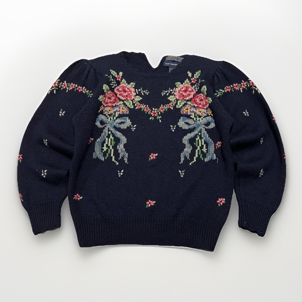 Herman Geist Womens Navy Blue Hand-Embroidered Floral Wool-Blend Sweater M